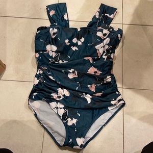 Flower H-Back Sarong Front One Piece Swimsuit
